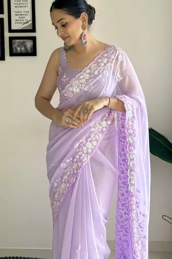 purple c pallu sequance embroidery work georgette saree with blouse piece