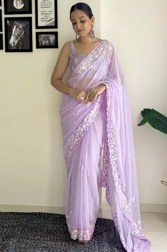 purple c pallu sequance embroidery work georgette saree with blouse piece