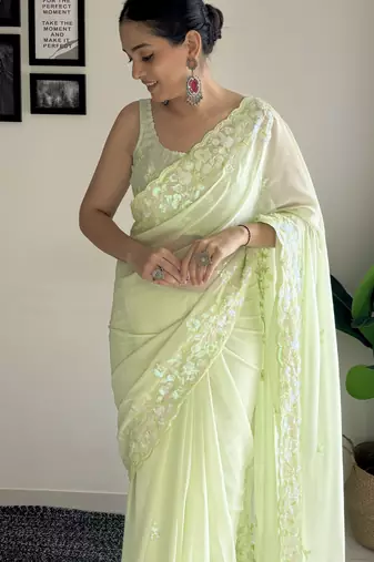 pista c pallu sequance embroidery work georgette saree with blouse piece