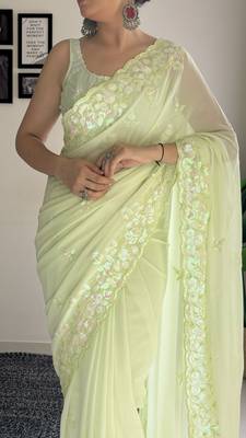 pista c pallu sequance embroidery work georgette saree with blouse piece 3