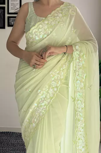 pista c pallu sequance embroidery work georgette saree with blouse piece