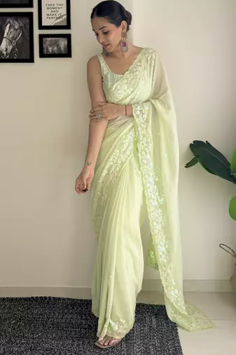 pista c pallu sequance embroidery work georgette saree with blouse piece
