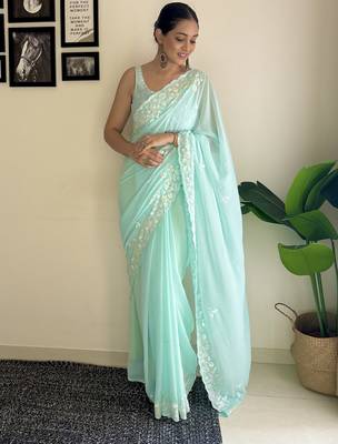 sky blue c pallu sequance embroidery work georgette saree with blouse piece 1