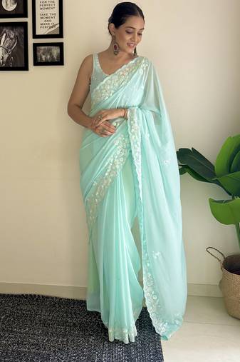 sky blue c pallu sequance embroidery work georgette saree with blouse piece