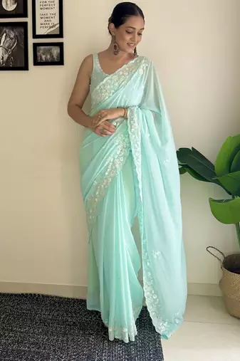 sky blue c pallu sequance embroidery work georgette saree with blouse piece