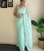 sky blue c pallu sequance embroidery work georgette saree with blouse piece