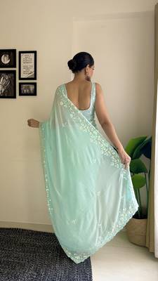 sky blue c pallu sequance embroidery work georgette saree with blouse piece 2