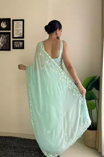 sky blue c pallu sequance embroidery work georgette saree with blouse piece