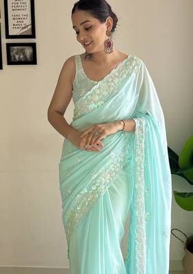 sky blue c pallu sequance embroidery work georgette saree with blouse piece 3