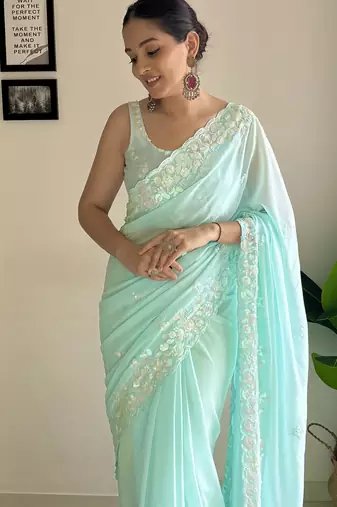 sky blue c pallu sequance embroidery work georgette saree with blouse piece