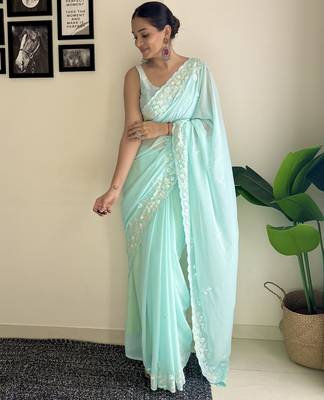 sky blue c pallu sequance embroidery work georgette saree with blouse piece 4