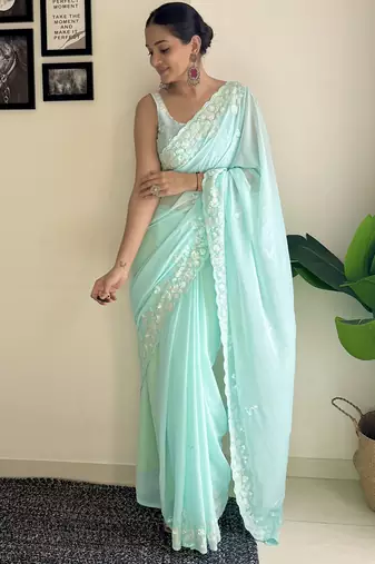 sky blue c pallu sequance embroidery work georgette saree with blouse piece