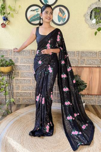black thread,sequance embroidery work georgette saree with blouse piece