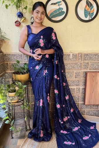 nevy blue thread,sequance embroidery work georgette saree with blouse piece