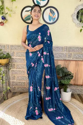 teal thread,sequance embroidery work georgette saree with blouse piece