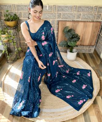 teal thread,sequance embroidery work georgette saree with blouse piece 2