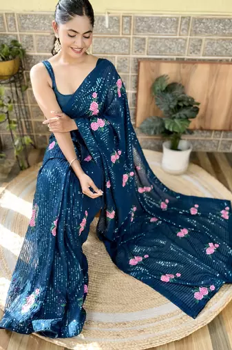 teal thread,sequance embroidery work georgette saree with blouse piece