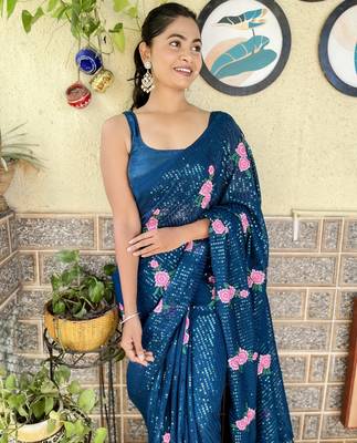 teal thread,sequance embroidery work georgette saree with blouse piece 3
