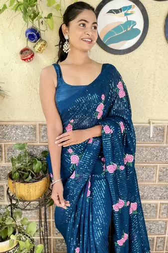 teal thread,sequance embroidery work georgette saree with blouse piece