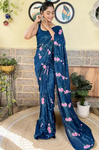 teal thread,sequance embroidery work georgette saree with blouse piece