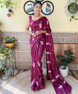 wine thread,sequance embroidery work georgette saree with blouse piece 1