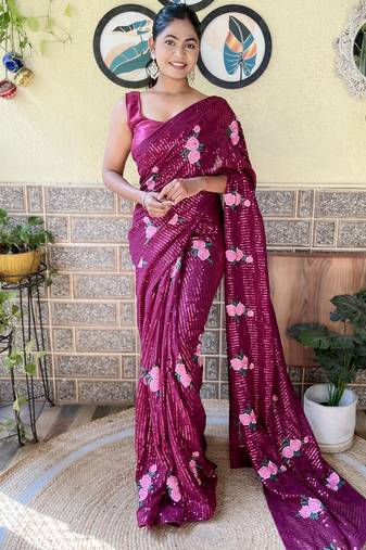 wine thread,sequance embroidery work georgette saree with blouse piece
