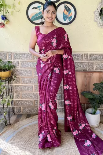 wine thread,sequance embroidery work georgette saree with blouse piece