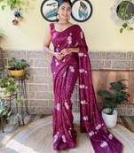 wine thread,sequance embroidery work georgette saree with blouse piece