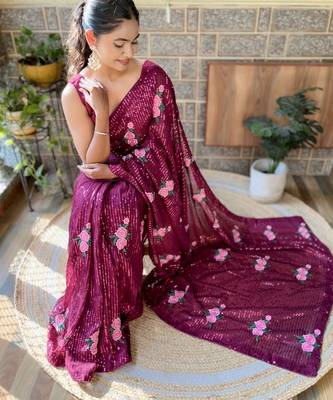 wine thread,sequance embroidery work georgette saree with blouse piece 2