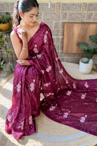 wine thread,sequance embroidery work georgette saree with blouse piece
