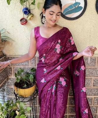 wine thread,sequance embroidery work georgette saree with blouse piece 3
