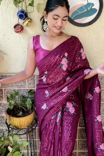 wine thread,sequance embroidery work georgette saree with blouse piece