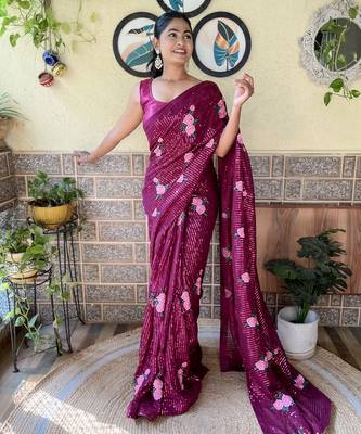 wine thread,sequance embroidery work georgette saree with blouse piece 4