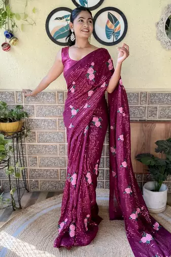 wine thread,sequance embroidery work georgette saree with blouse piece