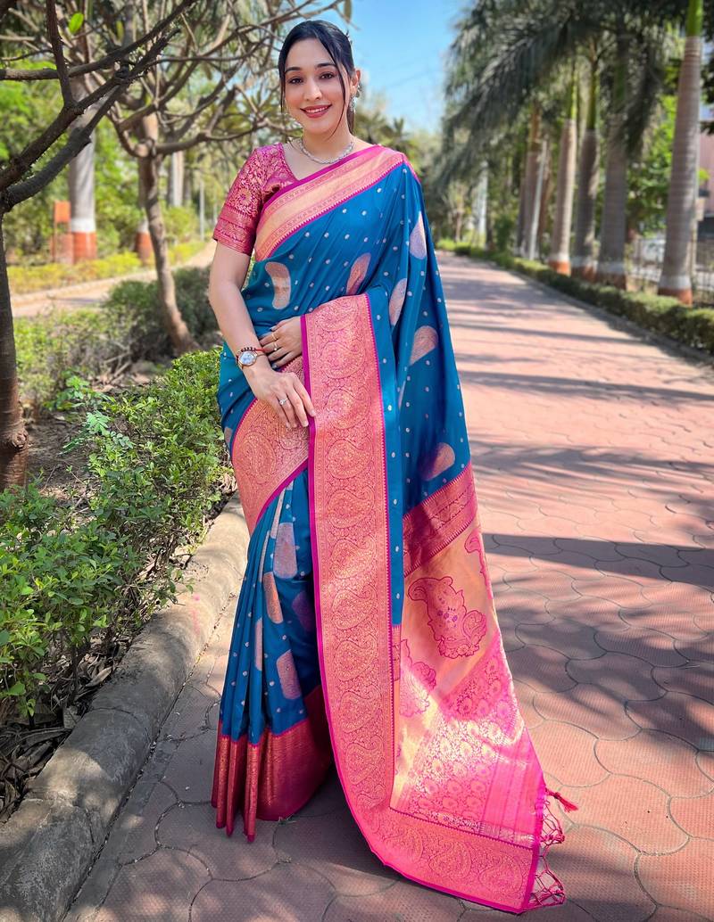 blue  Woven jari designer soft silk saree with blouse piece