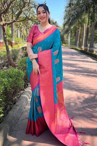 turquoise  Woven jari designer soft silk saree with blouse piece