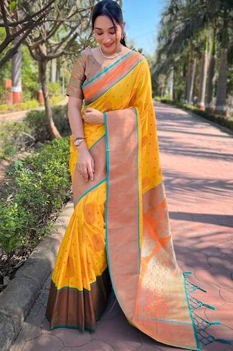 yellow  Woven jari designer soft silk saree with blouse piece