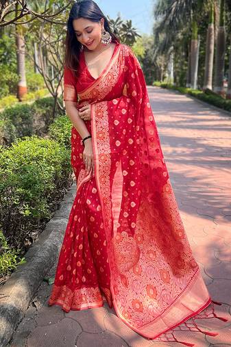 red  Woven jari designer organza saree with blouse piece