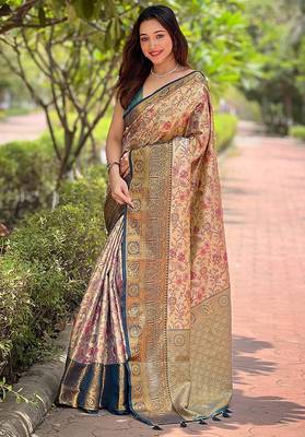 beige  Woven meenakari designer silk saree with blouse piece 1