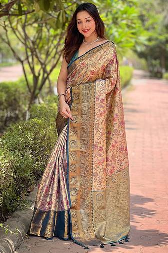 beige  Woven meenakari designer silk saree with blouse piece
