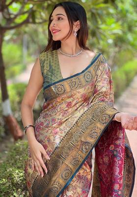 beige  Woven meenakari designer silk saree with blouse piece 2