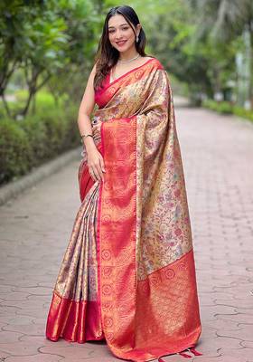 Beige  Woven meenakari designer silk saree with blouse piece 1