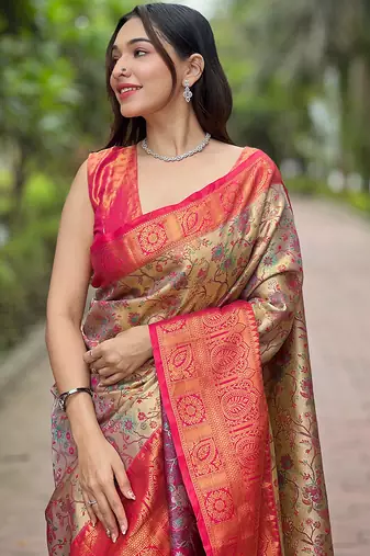 Beige  Woven meenakari designer silk saree with blouse piece