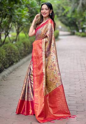 Beige  Woven meenakari designer silk saree with blouse piece 3