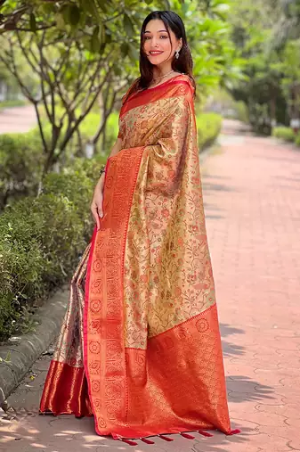 Beige  Woven meenakari designer silk saree with blouse piece