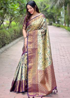 Beige  Woven meenakari designer silk saree with blouse piece 1