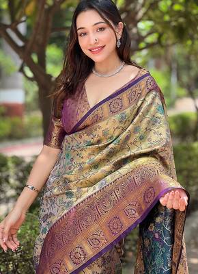 Beige  Woven meenakari designer silk saree with blouse piece 2