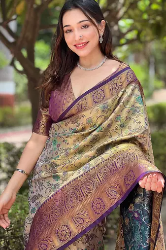 Beige  Woven meenakari designer silk saree with blouse piece