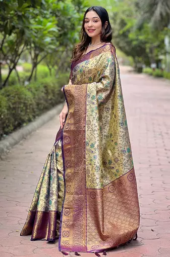 Beige  Woven meenakari designer silk saree with blouse piece