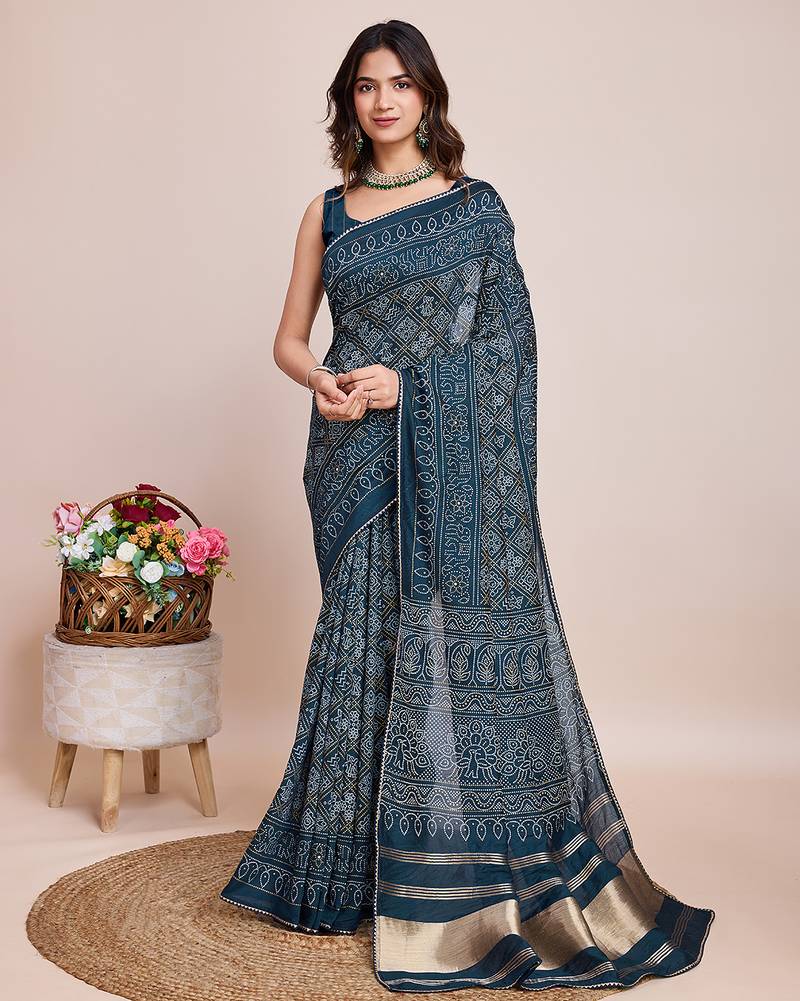 Blue weaving jari pallu,bandhani printed cotton silk saree with blouse piece